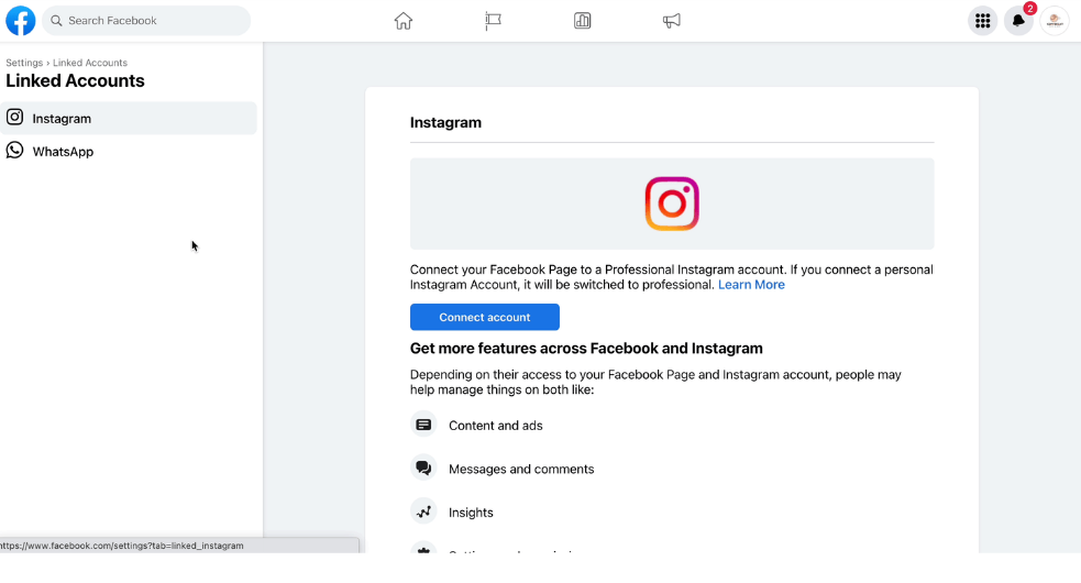 Connect via Facebook Page Settings