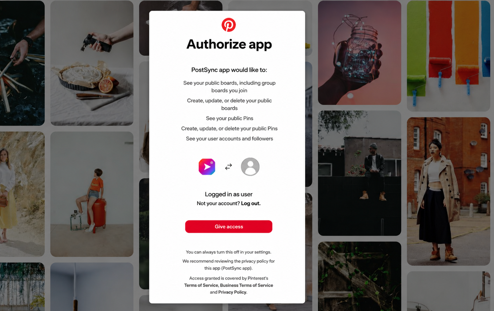 Click Give Access on Pinterest Permissions